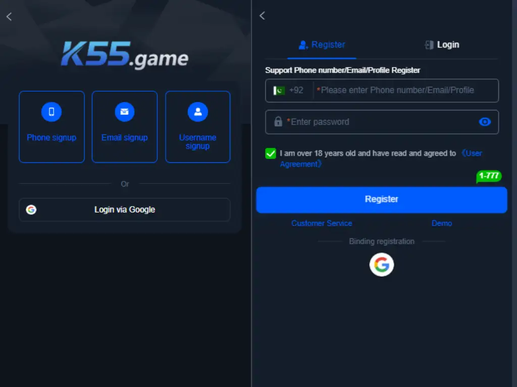 K55 game apk download registration