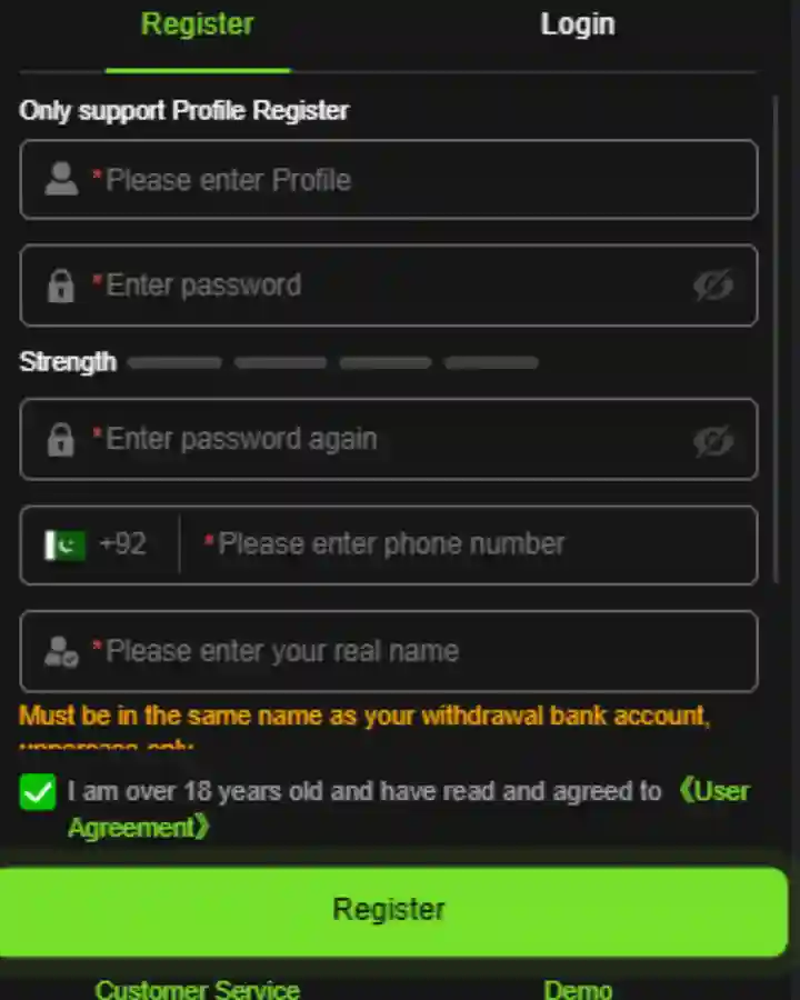 Bet 877 game registration and login page