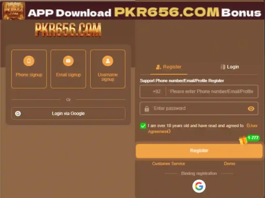 PKR656 game apk download Register and login